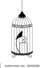 Bird in the cage. Vector silhouette isolated on white background.
