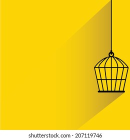 bird cage in yellow background, flat and shadow theme 