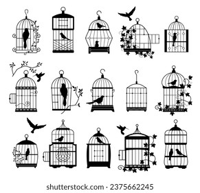 Jaulas de pájaro con siluetas de pájaro. Decoraciones de paredes negras con pájaros voladores en jaulas, arte decorativo minimalista para el interior. Colección aislada vectorial de la silueta de la ilustración de la jaula negra