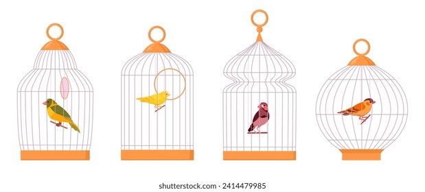 Bird cages. Cartoon domestic birds in iron cages, exotic decorative birds, finch and canary flat vector illustration set. Little birds sitting in cages