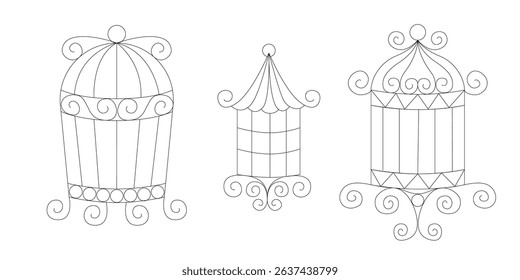 Bird cages collection in hand drawn line art doodle style vector set of simple metal cages for birds home decor pet housing minimal sketch vintage look