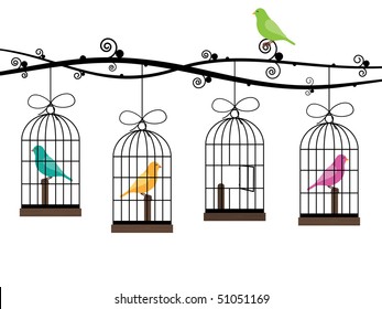 bird cages hanging from decorative branches with birds