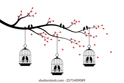 Bird in cages on tree branch