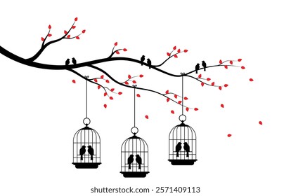 Bird in cages on tree branch