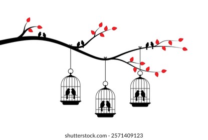 Bird in cages on tree branch