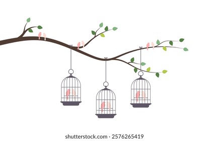 Bird in cages on tree branch