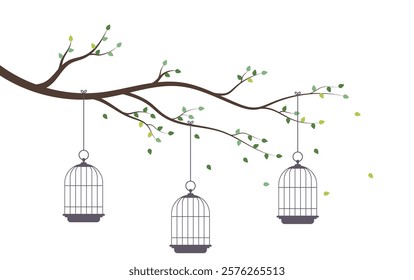 Bird cages on tree branch