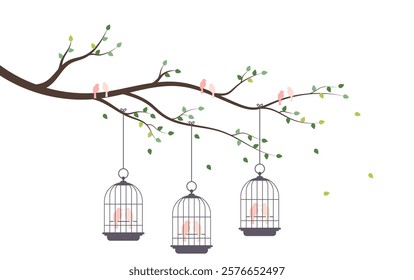 Bird in cages on tree branch