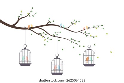 Bird in cages on tree branch