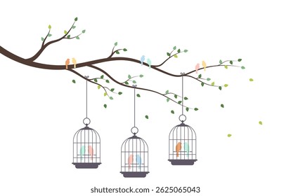 Bird in cages on tree branch