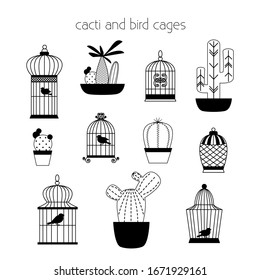 Bird cages and potted flowers for interior decoration. Different types of cacti. Flat style  vector design. 
