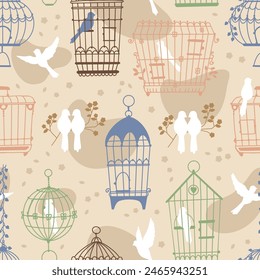 Bird cages seamless pattern. Vintage house for parrots and canaries made of metal rods. Repeated print. Pet homes. Birdies on branch. Decorative birdcages. Recent vector