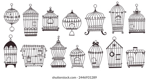 Bird cages. Silhouette vintage birdcages. Ornamental objects. Decorative shapes. Interior retro houses for parrots and canaries. Flying pets homes. Black line icons