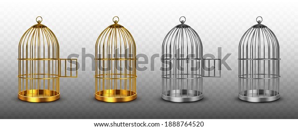 Bird cages, vintage empty birdcages of golden and\
silver colors, metal jails with open and closed doors isolated on\
transparent background. Steel and gold traps, realistic 3d vector\
illustration, set