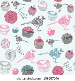 bird with cake. seamless background