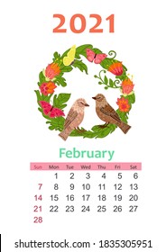 Bird calendar 2021. romantic floral wreath with couple of birds. design template. February