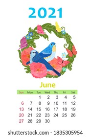 Bird calendar 2021. romantic floral wreath with poppies flowers butterflies. design template. June