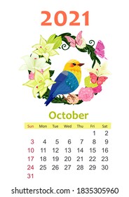 Bird calendar 2021. romantic floral wreath with white lilies and butterflies. design template. October