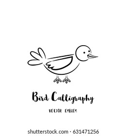 Bird calligraphy emblem. Vector abstract animal sign in lettering style