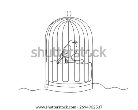 Bird, canary in cage, birdcage, continuous single one line art hand drawing sketch, logo on white background