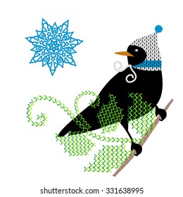 Bird in a cap perched on a branch - winter theme 