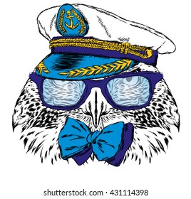 Pájaro en la gorra del capitán. Ilustración vectorial para tarjeta de felicitación, cartel o impresión en la ropa.
