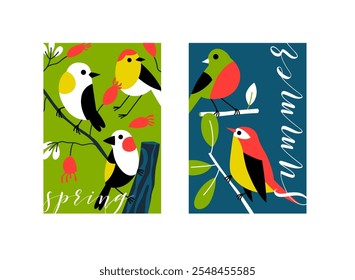 Bird cards. Postcard template. Vector illustration with typography