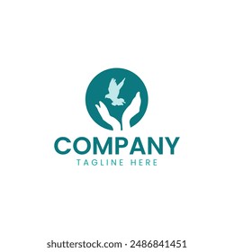 Bird Care logo with hands and flying bird, Logo template