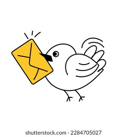 The bird carries an envelope. Chat, contacts, messages. Thin line cute vector illustration isolated on white background