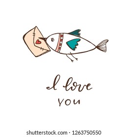 a bird carries an envelope with a heart in its beak. phrase- I love you