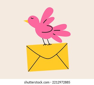 A Bird Carries An Envelope. Messaging, Sending Letters, Contact, Or Sharing Information Concept. 
