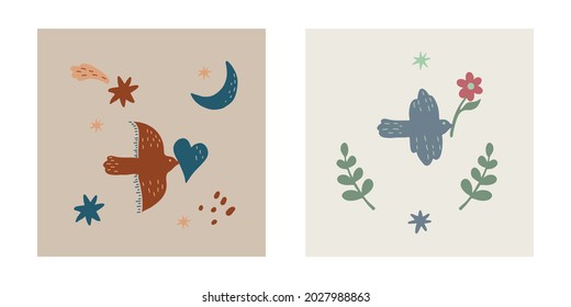 Bird carries heart and flower in its beak. Colorfull set of romantic vector elements. Set of minimalistic modern illustrations. Boho style. Valentine's Day. Cute save the date or wedding card design  