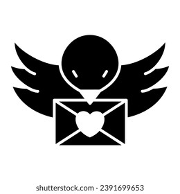 Ave lleva un icono sólido de carta de amor, concepto de San Valentín, paloma con signo de sobre en fondo blanco, icono de mensaje Ave con Amor en estilo glifo para móvil y web. Gráficos vectoriales