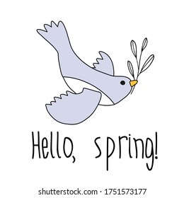 A bird carries a twig in its beak with the words hello, spring!