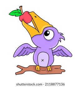 the bird is carrying an apple in its beak, vector illustration art. doodle icon image kawaii.