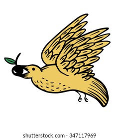 Bird carrying in its beak a fruit