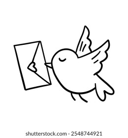 A bird is carrying an envelope. Doodle cute element. Thin line cute vector illustration on white background.