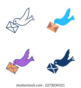 Bird carrying an envelope icon set. Dove with a mail, homing pigeon symbol. Vector illustration.