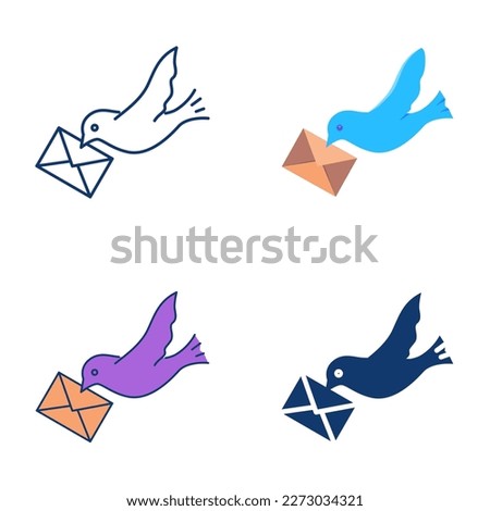 Bird carrying an envelope icon set. Dove with a mail, homing pigeon symbol. Vector illustration.