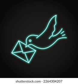 Bird carrying an envelope neon icon. Dove with a mail, homing pigeon symbol. Vector illustration.