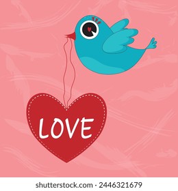 Bird carrying a heart in its beak, cartoon