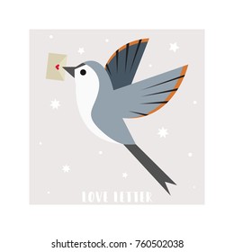 Bird carrying love letter in an envelope. Vector illustration