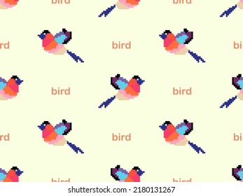 Bird cartoon character seamless pattern on yellow background.  Pixel style