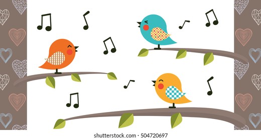 Bird Cartoon Character.Singing Birds On A Branch.Vector Cartoon Bird.Flat Style Design.Bird On A Tree With Poop