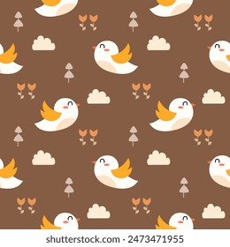 Bird cartoon so cute. On flower tree cloud brown background. Pattern seamless vector illustration. 
