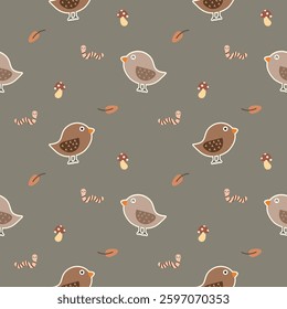 Bird cartoon so cute. On leaf mushroom worm background. Pattern seamless vector illustration. 