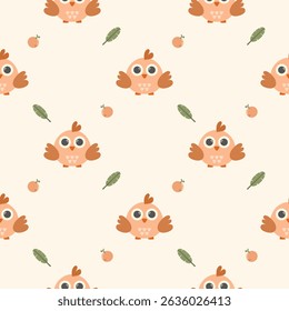Bird cartoon so cute. On orange leaf background. Pattern seamless vector illustration. 
