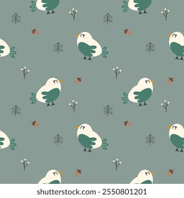 Bird cartoon so cute. On tree flower acorn green background. Pattern seamless vector illustration. 
