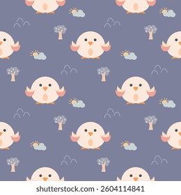 Bird cartoon so cute. On tree sun cloud background. Pattern seamless vector illustration. 