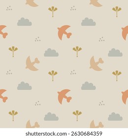 Bird cartoon so cute. On tree cloud background. Pattern seamless vector illustration. 
